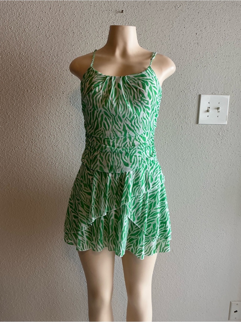 Diane Von Furstenberg Green and White Spaghetti Strap Mini Dress